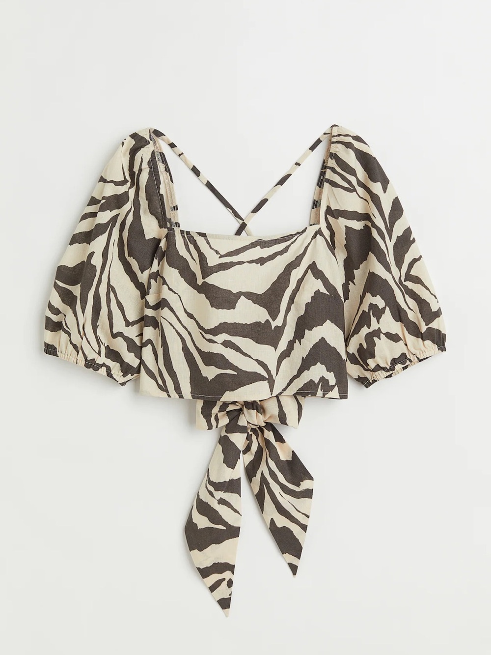 HALARA Zebra-Print Puff-Sleeve Tie-Back Crop Top - Cream/Black
